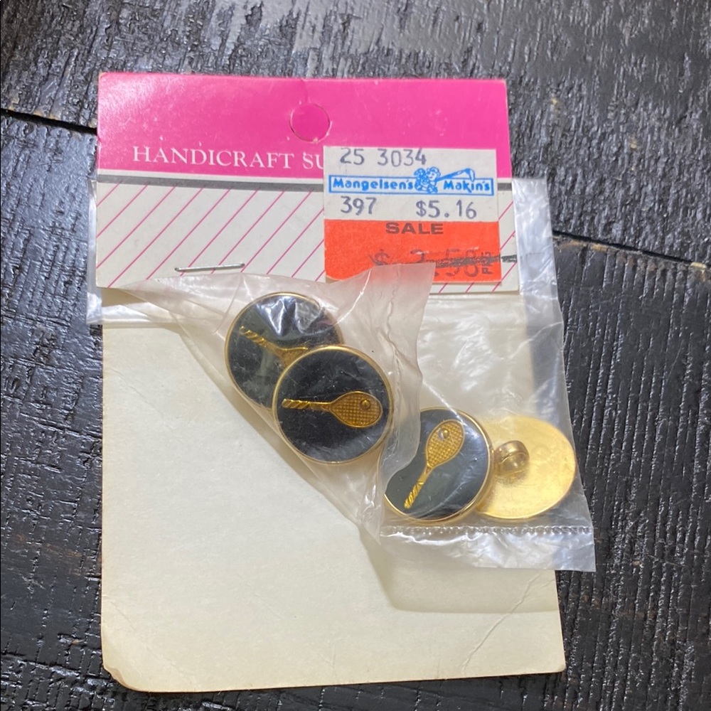 Vintage 1980’s Mangelsen’s Gold Tennis Racket Button Set Of 4- Black & Gold!